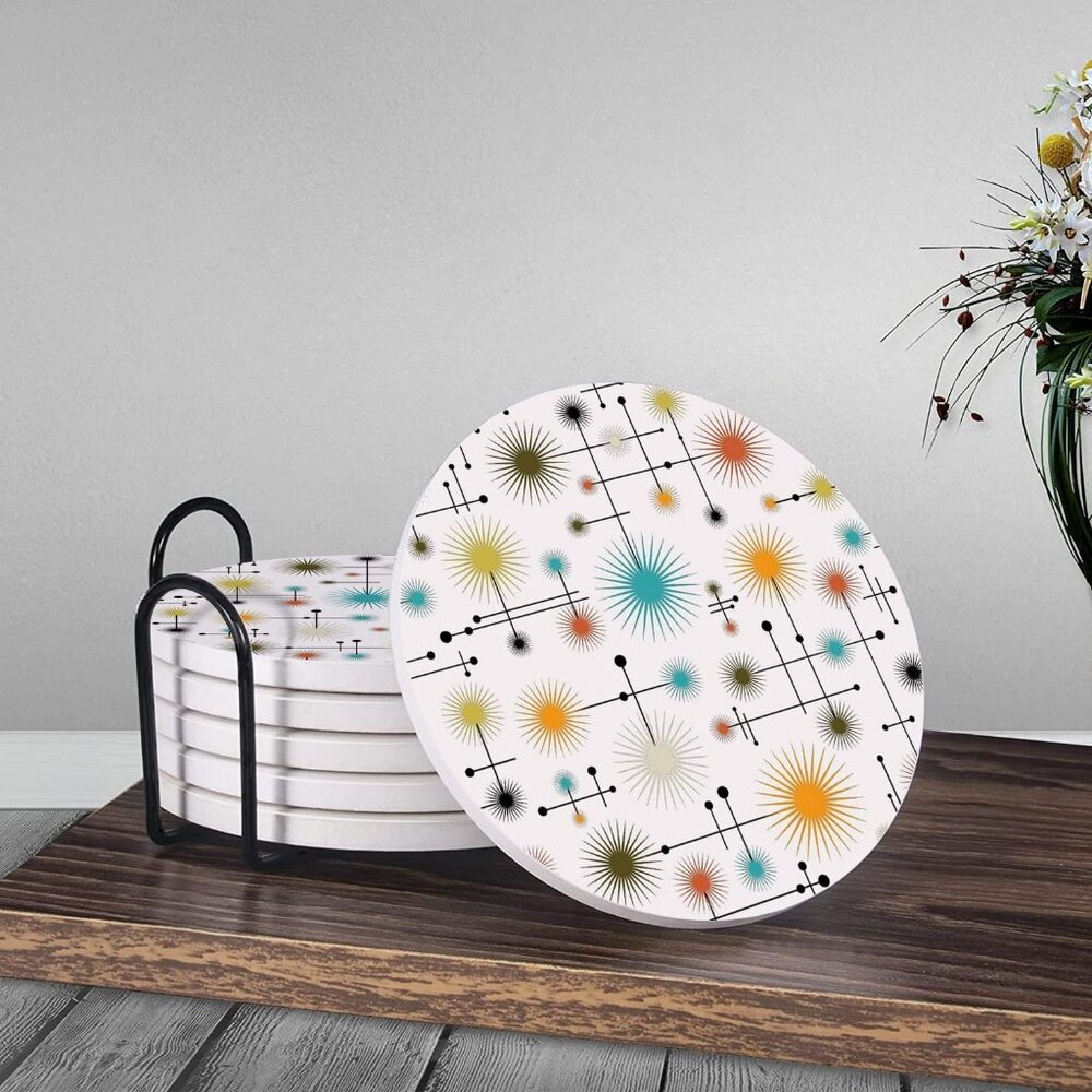 Mid Century Modern Atomic Drink Coasters Set‎ with Holder